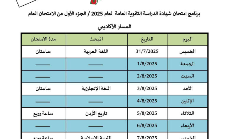 جدول امتحانات التوجيهي 2008